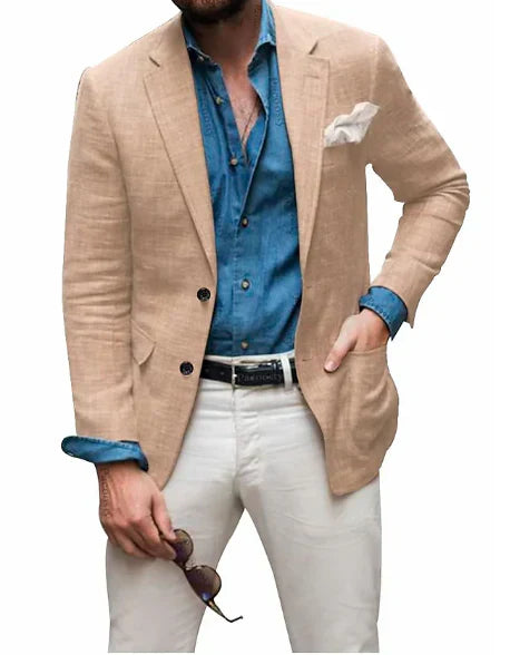 Jon - Blazer en lin pour homme, coupe décontractée, couleur unie, simple boutonnage, deux boutons, pour mariage, plage 