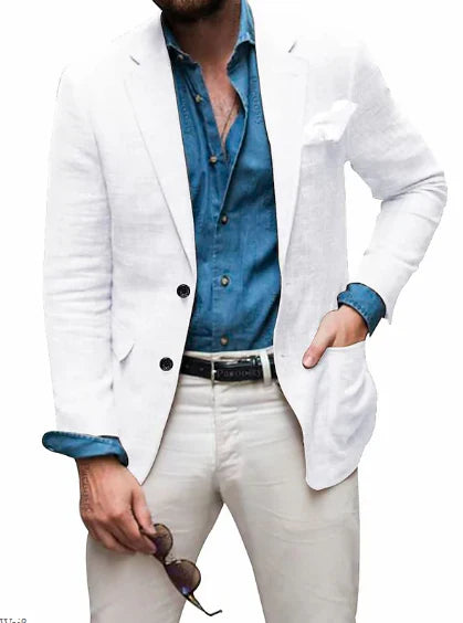 Jon - Blazer en lin pour homme, coupe décontractée, couleur unie, simple boutonnage, deux boutons, pour mariage, plage 